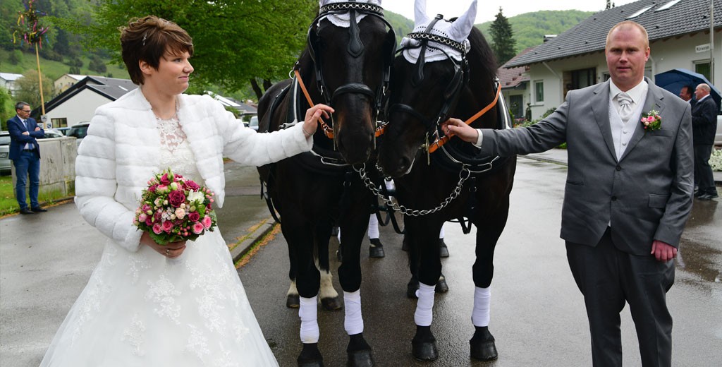 Das Brautpaar ist begeistert von den Pferden.
